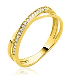 ZINZI Gold 14 krt gouden ring met cross-over design: glad en bezet met witte zirconia's ZGR469