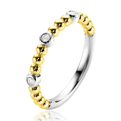 ZINZI gold plated zilveren aanschuifring met bolletjes scheen en drie ronde zettingen bezet met witte zirconia ZIR2569
