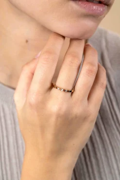 ZINZI gold plated zilveren aanschuifring 2mm breed in chatonzettingen bezet met rood granaat kleurstenen en witte zirconia's ZIR2558