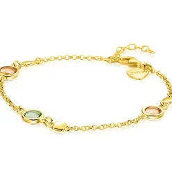 ZINZI gold plated zilveren armband met ronde kleurstenen in zachte groen- en champagnetinten, afgewisseld met vierkante plaatjes ZIA2907
