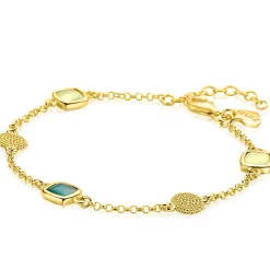 ZINZI gold plated zilveren armband met drie vierkante kleurstenen in zachte groentinten, afgewisseld met ronde structuurelementen ZIA2904