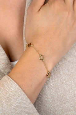 ZINZI gold plated zilveren armband met drie klavervormige zettingen met bruine kleurstenen ZIA2772