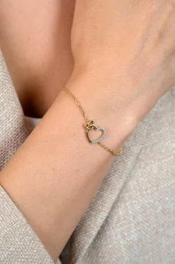 ZINZI gold plated zilveren armband met twee sierlijke harten die met elkaar verbonden zijn, ook bezet met witte zirkonia's 17-20cm ZIA2874Y