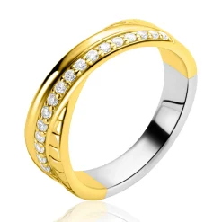 ZINZI goldplated zilveren brede cross-over ring glad witte zirkonia's ZIR2801
