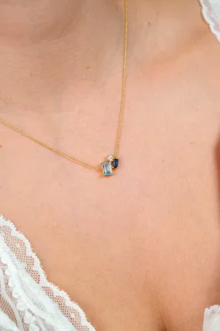 ZINZI gold plated zilveren collier 45cm met geometrische hanger (14mm) in lichtblauw, petrolblauw en wit ZIC2897