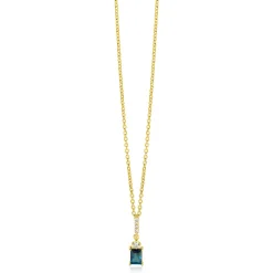 ZINZI gold plated zilveren collier 45cm met sierlijke rechthoekige hanger (22mm) met diep petrolblauwe kleursteen ZIC2896