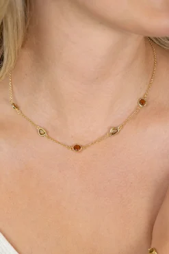 ZINZI gold plated zilveren collier 45cm met speelse vormen, bezet met bruine en olijfgroene kleurstenen ZIC2770