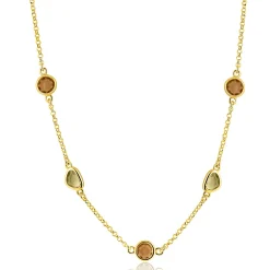 ZINZI gold plated zilveren collier 45cm met speelse vormen, bezet met bruine en olijfgroene kleurstenen ZIC2770