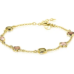 ZINZI gold plated zilveren fantasie armband met speelse vormen bruin en olijfgroen ZIA2771