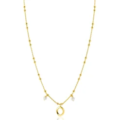 ZINZI gold plated zilveren fantasie ketting met kleine bolletjes, twee bungelende witte pareltjes en organische open vorm in het midden 42-45cm ZIC2405