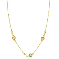 ZINZI gold plated zilveren ketting 45cm met ronde kleurstenen in zachte groen- en champagnetinten, afgewisseld met vierkante plaatjes ZIC2907