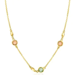 ZINZI gold plated zilveren ketting 45cm met ronde kleurstenen in zachte groen- en champagnetinten, afgewisseld met vierkante plaatjes ZIC2907