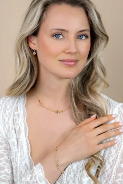 ZINZI gold plated zilveren ketting 45cm met ronde kleurstenen in zachte groen- en champagnetinten, afgewisseld met vierkante plaatjes ZIC2907