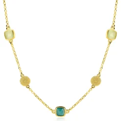 ZINZI gold plated zilveren ketting 45cm met drie vierkante kleurstenen in zachte groentinten, afgewisseld met ronde structuurelementen ZIC2904
