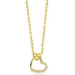 ZINZI gold plated zilveren ketting met twee sierlijke harten die met elkaar verbonden zijn, ook bezet met witte zirkonia's 42-45cm ZIC2874Y