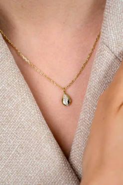 ZINZI gold plated zilveren ketting met druppelvormige hanger (14mm) bezet met witte zirkonia’s 42-45cm ZIC2871
