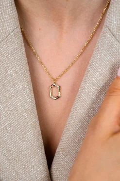 ZINZI gold plated zilveren ketting met zeshoekige hanger (18mm) bezet met champagne, bruine en witte kleurstenen 42-45cm ZIC2869