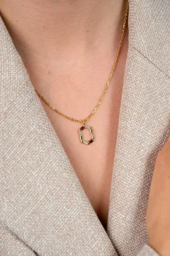 ZINZI gold plated zilveren ketting met zeshoekige hanger (18mm) bezet met champagne, bruine en witte kleurstenen 42-45cm ZIC2869