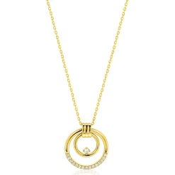 ZINZI goldplated zilveren ketting 45cm met elegante dubbele ronde hanger (24mm) speels bezet met witte zirkonia's ZIC2819
