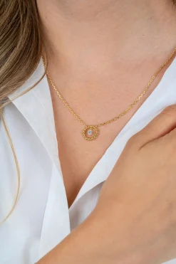ZINZI goldplated zilveren ketting 45cm met ronde bolletjeshanger en bungelende witte zirkonia ZIC2816