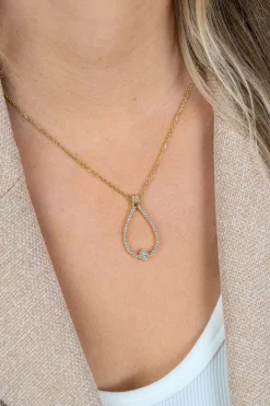 ZINZI goldplated zilveren ketting 45cm met grote sierlijke druppelvormige hanger 35mm met witte zirkonia’s ZIC2815
