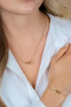 ZINZI gold plated zilveren ketting 45cm met twee verbonden schakels, bezet met witte zirkonia's ZIC2809