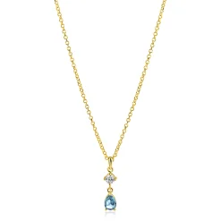 ZINZI gold plated zilveren ketting 42-45cm met luxe peervormige hanger met lichtblauwe kleursteen en witte zirkonia ZIC2744
