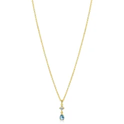 ZINZI gold plated zilveren ketting 42-45cm met luxe peervormige hanger met lichtblauwe kleursteen en witte zirkonia ZIC2744
