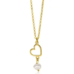 ZINZI gold plated zilveren ketting met open hartje en bungelend witte zoetwaterparel 40-45cm ZIC2642