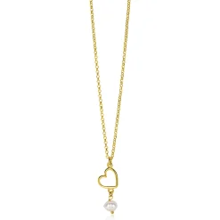 ZINZI gold plated zilveren ketting met open hartje en bungelend witte zoetwaterparel 40-45cm ZIC2642