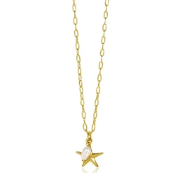 ZINZI gold plated zilveren ketting met paperclip-schakels en grote zeester hanger met ovale witte zoetwaterparel 40-45cm ZIC2641