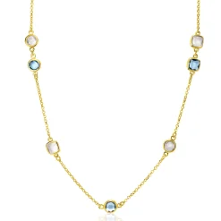 ZINZI gold plated zilveren ketting met ronde en vierkante zettingen jeansblauw en witgrijs 42-45cm ZIC2526G