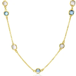 ZINZI gold plated zilveren ketting met ronde en vierkante zettingen jeansblauw en witgrijs 42-45cm ZIC2526G