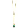 ZINZI gold plated zilveren ketting met lange ovale hanger en bungelende groene cateye in bolvorm 40-45cm ZIC2420
