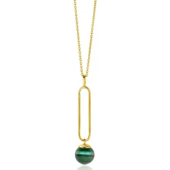 ZINZI gold plated zilveren ketting met lange ovale hanger en bungelende groene cateye in bolvorm 40-45cm ZIC2420