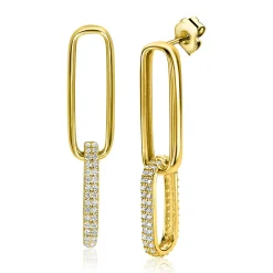 ZINZI gold plated zilveren lange oorsieraden 38mm met twee ovale schakels, bezet met witte zirconia's ZIO2371Y