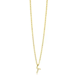 ZINZI gold plated zilveren letter hanger T bezet met witte zirkonia's ZIH2828-T (zonder ketting)