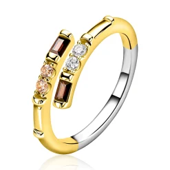 ZINZI gold plated zilveren multi-look ring (5mm breed) bezet met witte, bruine en champagne kleurstenen ZIR2869