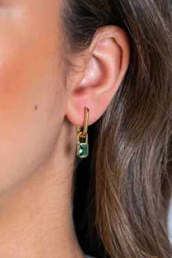 ZINZI gold plated zilveren oorbedels rechthoek met groene kleurstenen 13mm ZICH2307 (zonder oorringen)