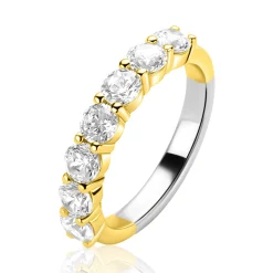 ZINZI goldplated zilveren rijring (4mm breed) bezet met 7 witte zirconia's ZIR2808