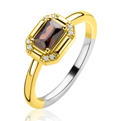 ZINZI goldplated zilveren ring met achthoekige zetting en bruine kleursteen ZIR2803