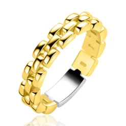 ZINZI goldplated zilveren ring met glanzende rolex-style schakels 4mm breed ZIR2556G