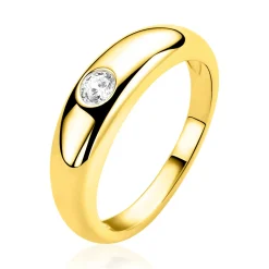 ZINZI gold plated zilveren ring (6mm) met een brede gladde organische vorm en bezet met een ronde witte zirkonia ZIR2898