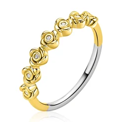 ZINZI gold plated zilveren ring met een rij roosjes bezet met witte zirkonia’s in het midden ZIR2873Y
