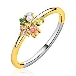 ZINZI gold plated zilveren ring met een speelse combinatie van bruine, groene en witte kleurstenen in verschillende slijpvormen ZIR2867