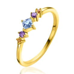 ZINZI gold plated zilveren ring met blauw, paars en champagne kleurstenen in ruitvorm ZIR2443