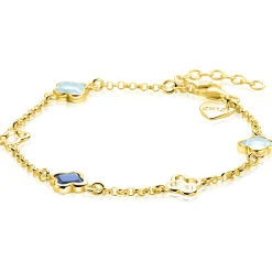 ZINZI gold plated zilveren schakel armband met twee licht blauwe klavers en een saffier klaver 17-19cm ZIA2906