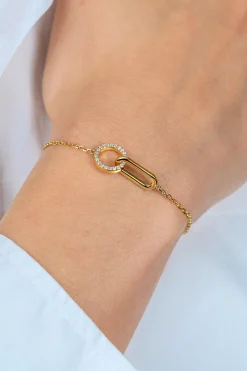 ZINZI goldplated zilveren schakelarmband met twee verbonden schakels, bezet met witte zirkonia's ZIA2809