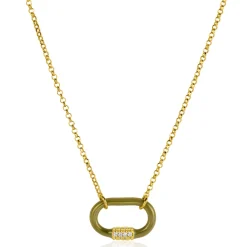 ZINZI gold plated zilveren schakelketting 45cm ovale hanger olijfgroen emaille en witte zirconia's ZIC2374