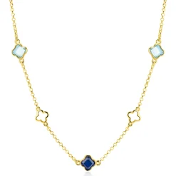 ZINZI gold plated zilveren schakelketting met twee licht blauwe klavers en een saffier blauwe klaver 40-45cm ZIC2906